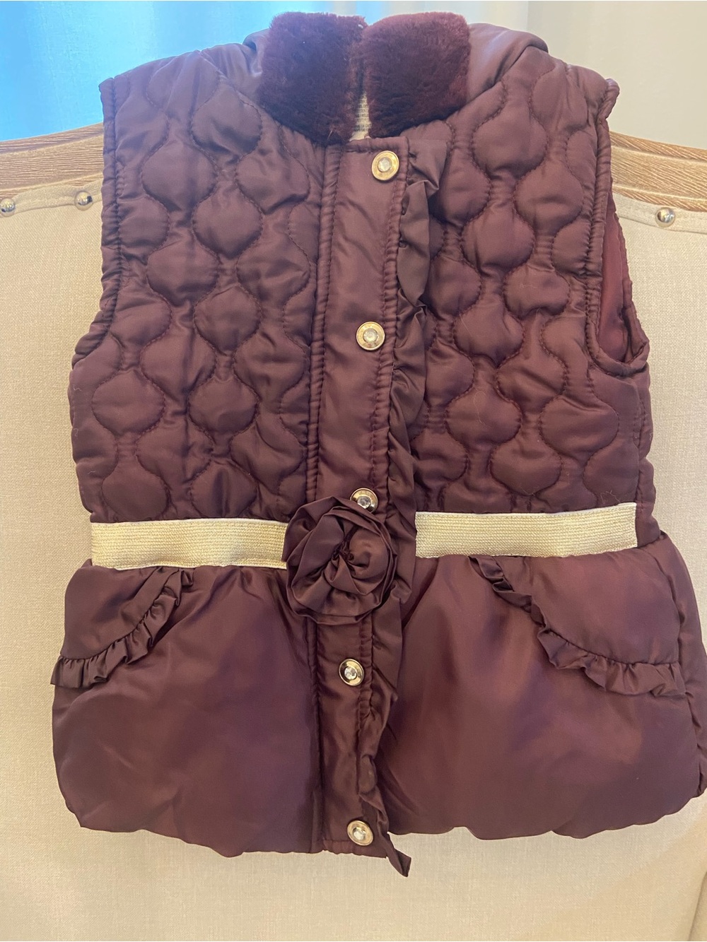 Little Lass Plum Quilted Puffer Vest with Cream Waistband